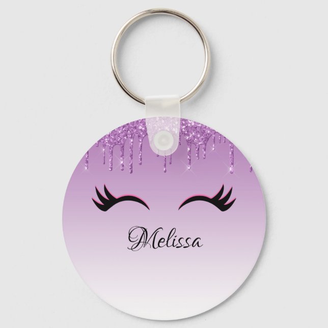 Stylish Pink & Black Eyelashes on Dripping Glitter Key Ring (Front)