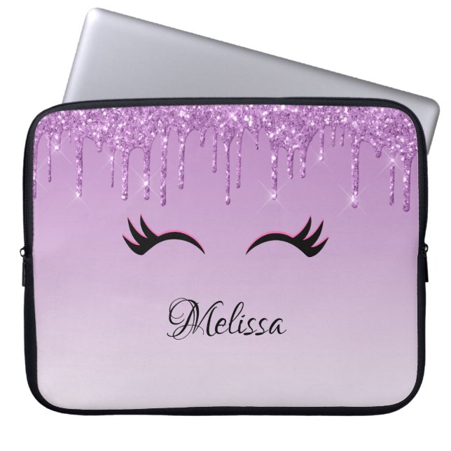Stylish Pink & Black Eyelashes on Dripping Glitter Laptop Sleeve (Front)