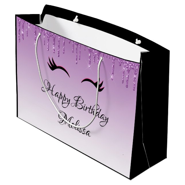 Stylish Pink & Black Eyelashes on Dripping Glitter Large Gift Bag (Back Angled)