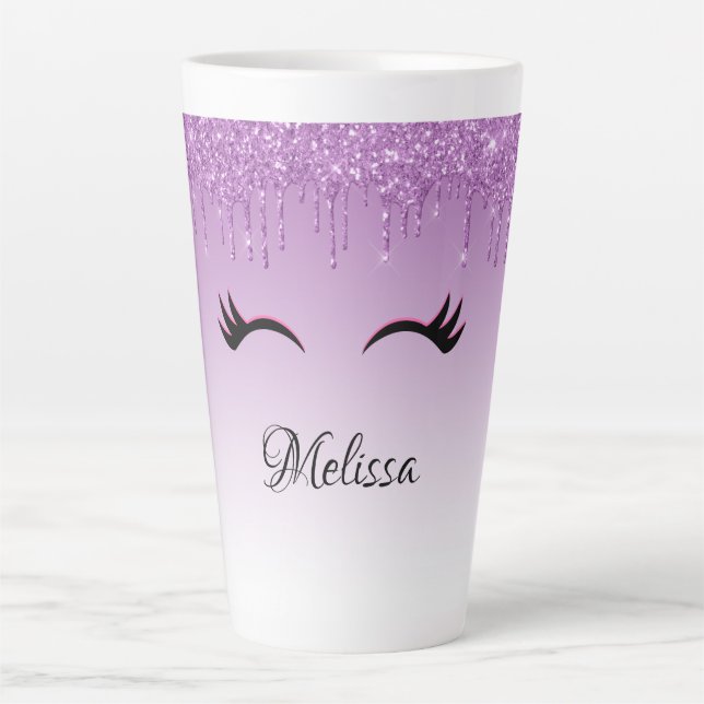 Stylish Pink & Black Eyelashes on Dripping Glitter Latte Mug (Front)