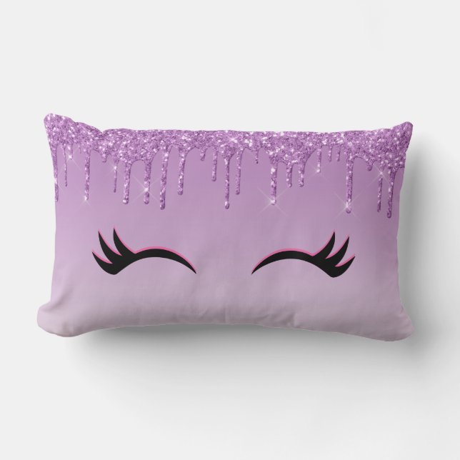 Stylish Pink & Black Eyelashes on Dripping Glitter Lumbar Cushion (Front)