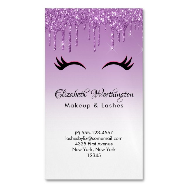 Stylish Pink & Black Eyelashes on Dripping Glitter Magnetic Business Card (Front Vertical)