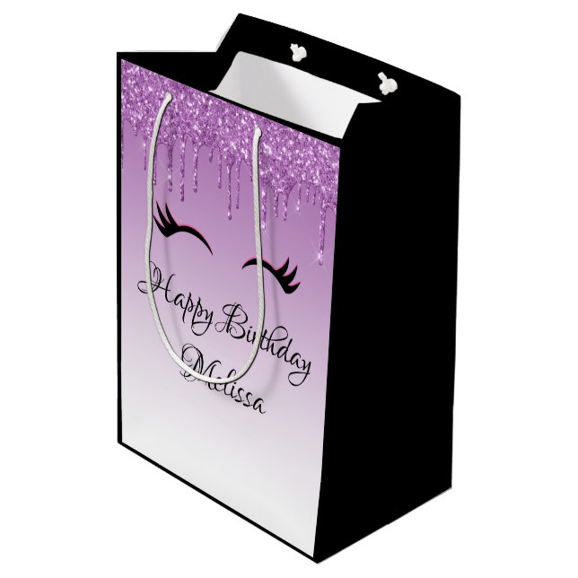 Stylish Pink & Black Eyelashes on Dripping Glitter Medium Gift Bag (Back Angled)
