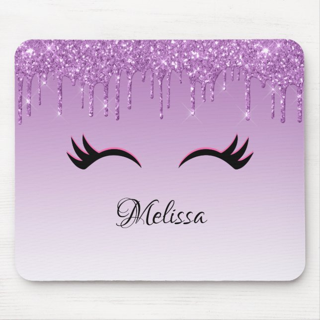 Stylish Pink & Black Eyelashes on Dripping Glitter Mouse Mat (Front)