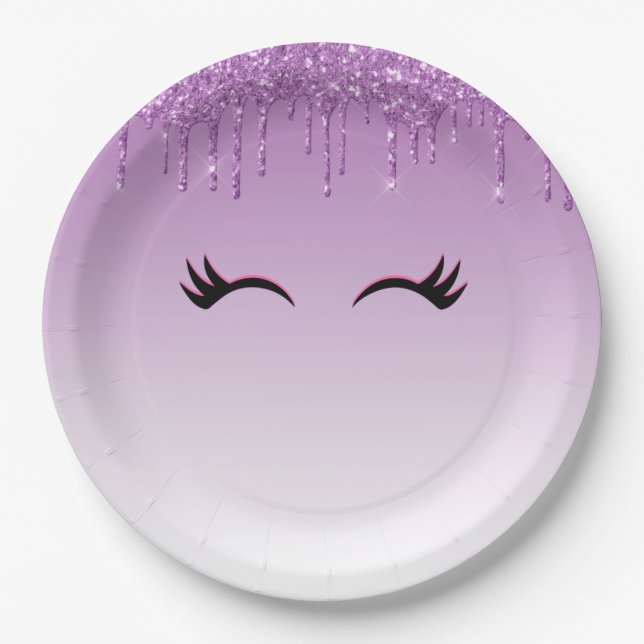 Stylish Pink & Black Eyelashes on Dripping Glitter Paper Plate (Front)