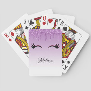 Stylish Pink & Black Eyelashes on Dripping Glitter Playing Cards