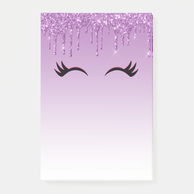Stylish Pink & Black Eyelashes on Dripping Glitter Post-it Notes (Front)