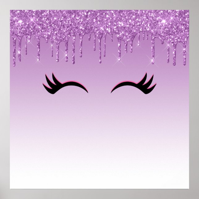 Stylish Pink & Black Eyelashes on Dripping Glitter Poster (Front)