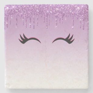 Stylish Pink & Black Eyelashes on Dripping Glitter Stone Coaster