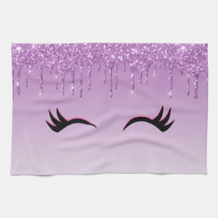 Stylish Pink & Black Eyelashes on Dripping Glitter Tea Towel