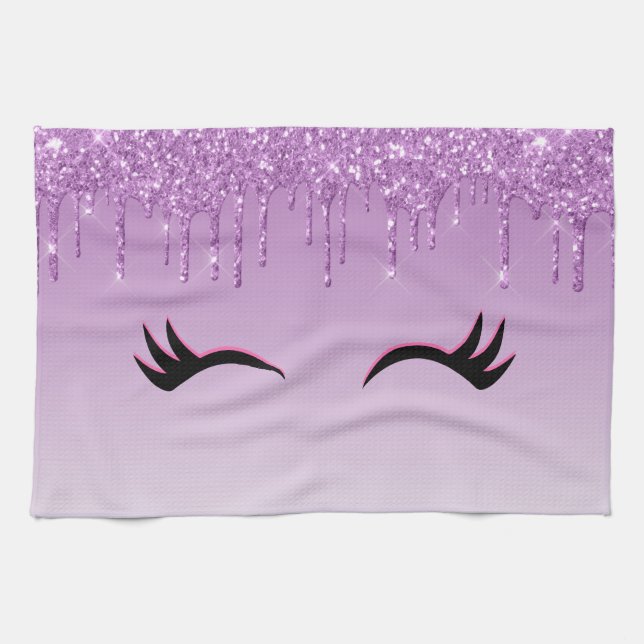 Stylish Pink & Black Eyelashes on Dripping Glitter Tea Towel (Horizontal)