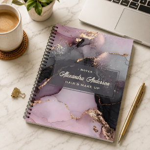 Stylish Pink Black Gold Glitter Agate Marble Notebook