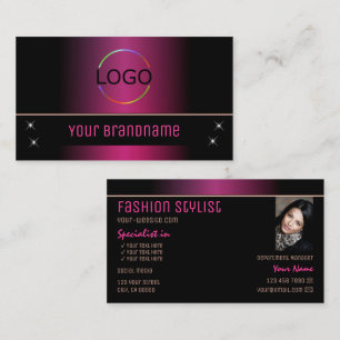Stylish Pink Black Modern with Logo and Photo Business Card