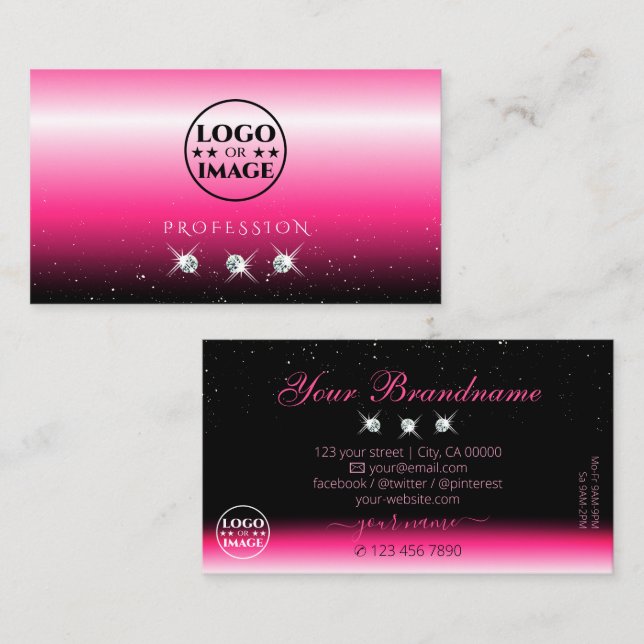 Stylish Pink Black Ombre Sparkle Diamonds Add Logo Business Card (Front/Back)
