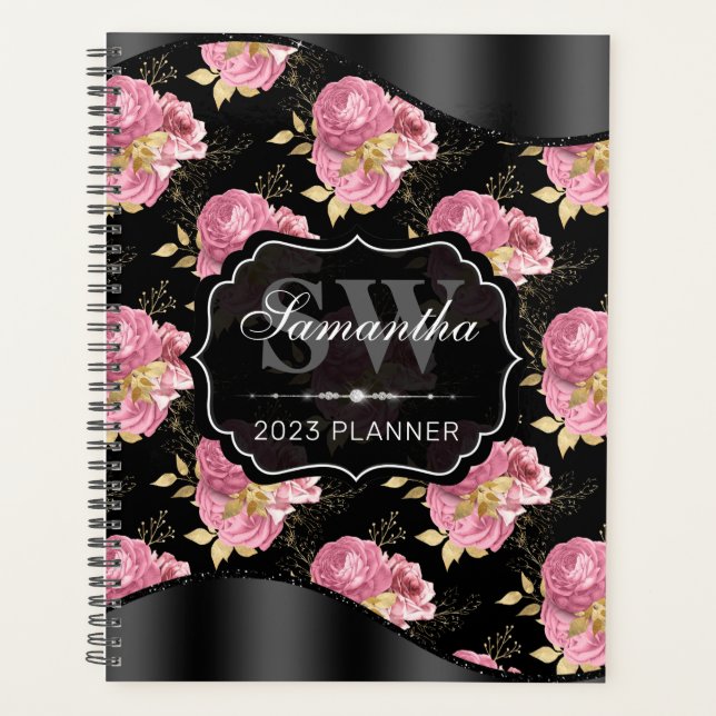 Stylish Pink & Black Shabby Chic Flowers Monogram Planner (Front)