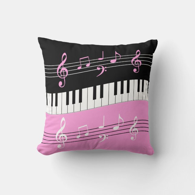 Stylish Pink Black White Piano Keys and Notes Cushion (Front)