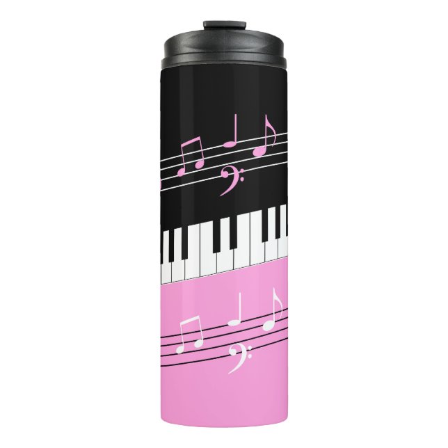 Stylish Pink Black White Piano Keys and Notes Thermal Tumbler (Front)