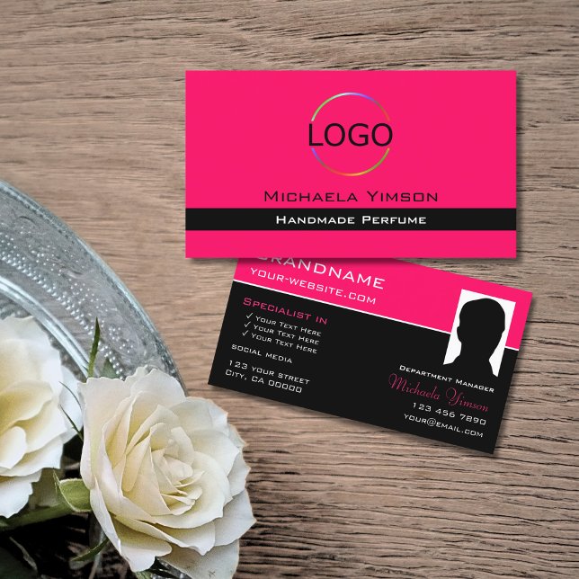Stylish Pink Black with Logo & Photo Professional Business Card (Creator Uploaded)