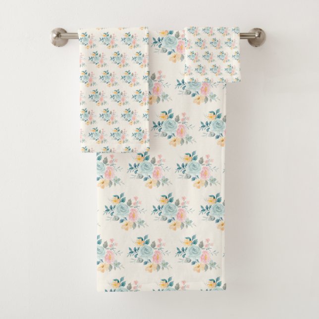 Stylish Pink & Blue Flower Bouquet Bath Towel Set (Insitu)