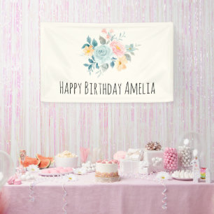 Stylish Pink & Blue Flower Bouquet Birthday Banner