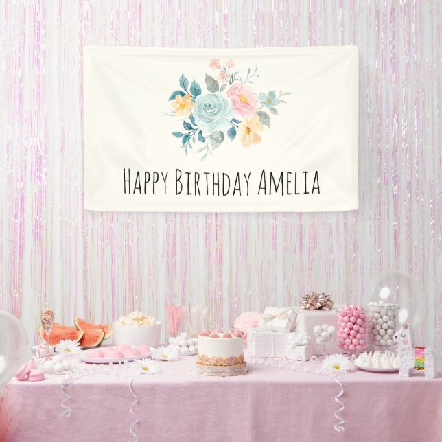 Stylish Pink & Blue Flower Bouquet Birthday Banner (Party)