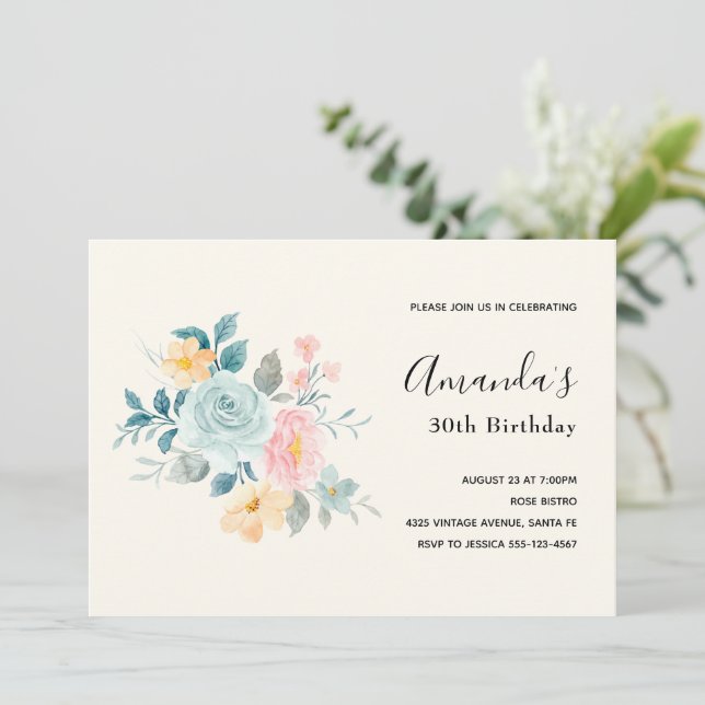 Stylish Pink & Blue Flower Bouquet - Birthday Invitation (Standing Front)