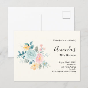 Stylish Pink & Blue Flower Bouquet Birthday Invite Postcard