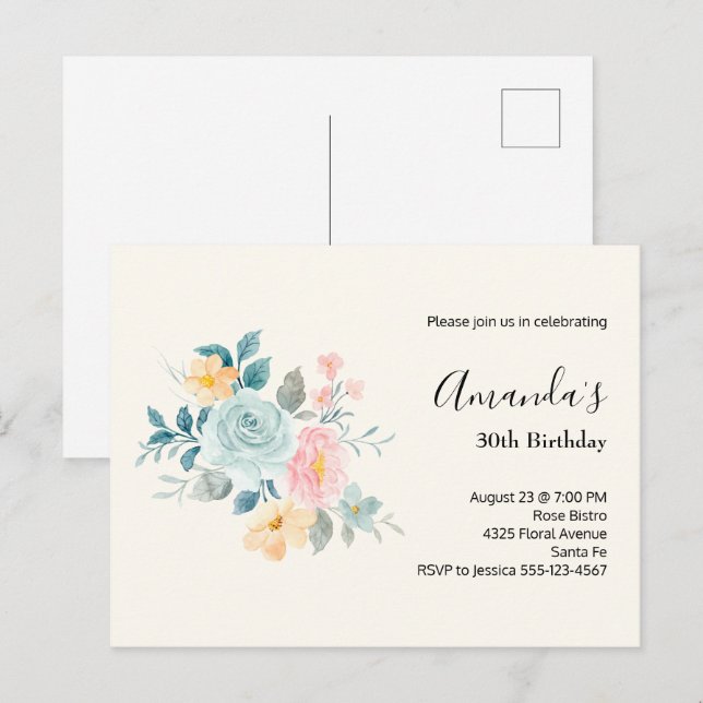 Stylish Pink & Blue Flower Bouquet Birthday Invite Postcard (Front/Back)