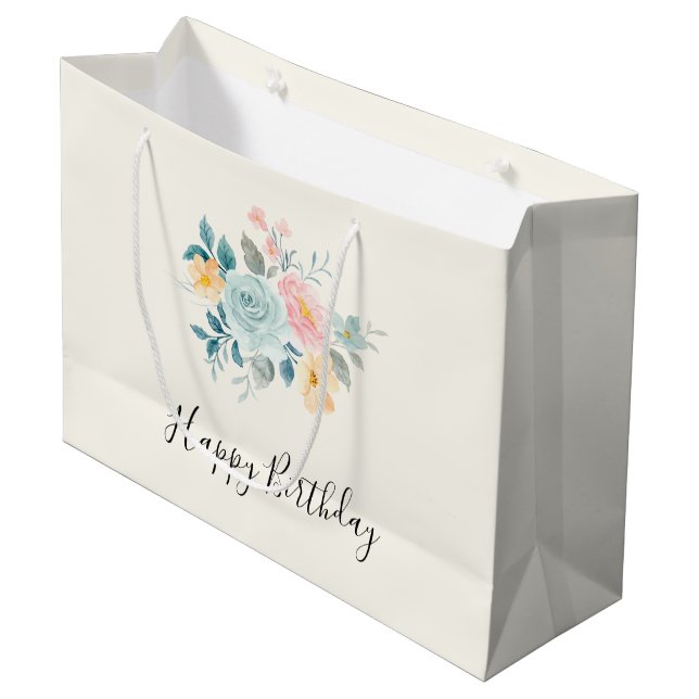 Stylish Pink & Blue Flower Bouquet Birthday Large Gift Bag (Front Angled)