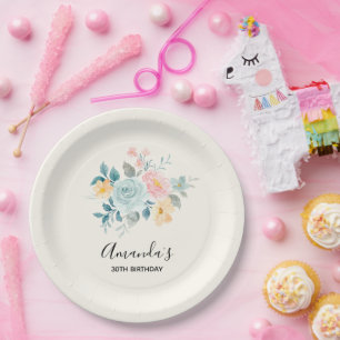 Stylish Pink & Blue Flower Bouquet Birthday Paper Plate