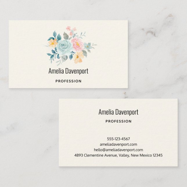 Stylish Pink & Blue Flower Bouquet Business Card (Front/Back)