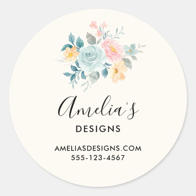 Stylish Pink & Blue Flower Bouquet Business Classic Round Sticker (Front)