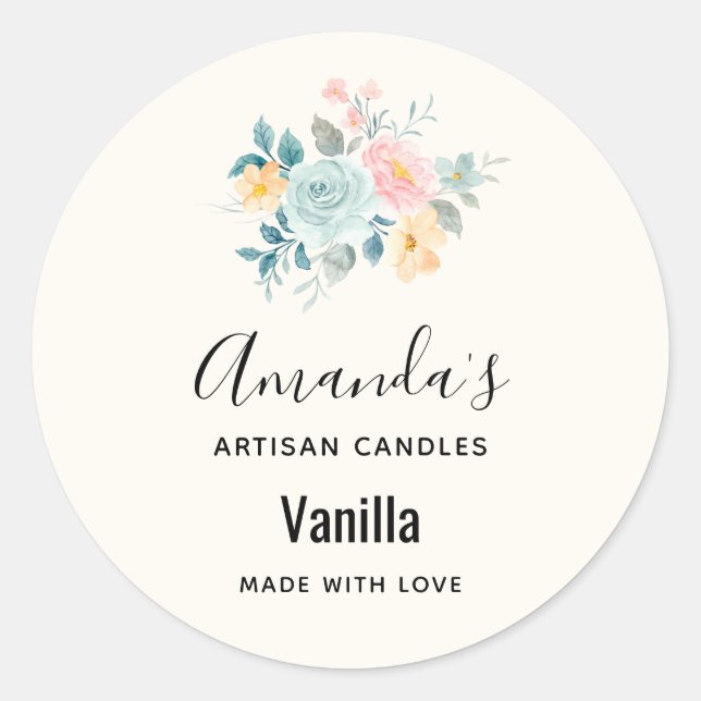 Stylish Pink & Blue Flower Bouquet Candle Biz Classic Round Sticker (Front)
