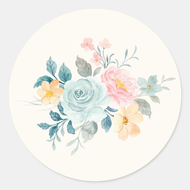 Stylish Pink & Blue Flower Bouquet Classic Round Sticker (Front)