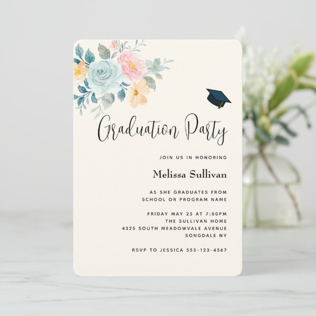 Stylish Pink & Blue Flower Bouquet Graduation Invitation (Standing Front)