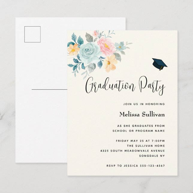Stylish Pink & Blue Flower Bouquet Graduation Invitation Postcard (Front/Back)