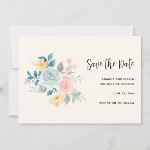 Stylish Pink & Blue Flower Bouquet Save The Date