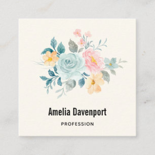 Stylish Pink & Blue Flower Bouquet Square Business Card