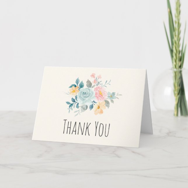 Stylish Pink & Blue Flower Bouquet Thank You Card (Front)