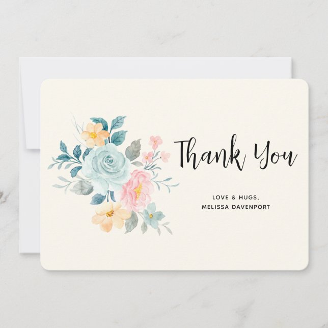Stylish Pink & Blue Flower Bouquet - Thank You Card (Front)
