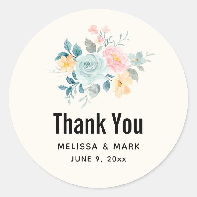 Stylish Pink & Blue Flower Bouquet Thank You Classic Round Sticker (Front)
