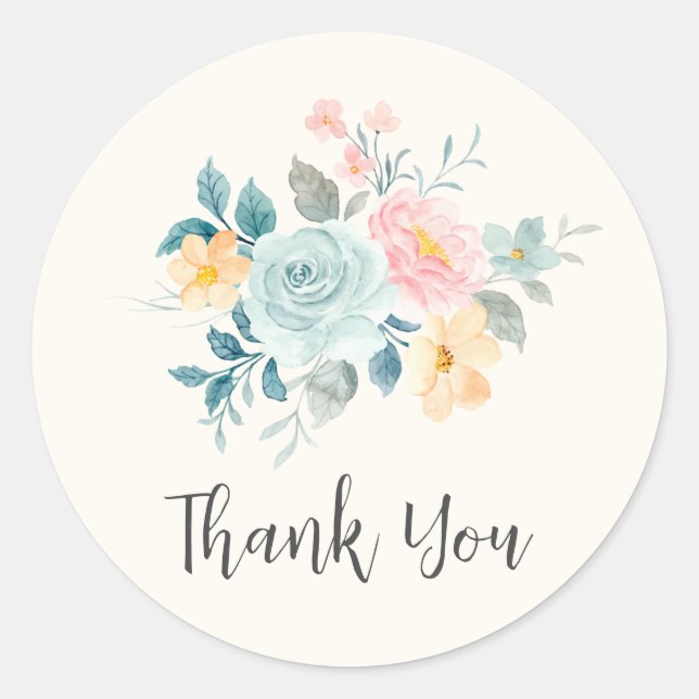 Stylish Pink & Blue Flower Bouquet Thank You Classic Round Sticker (Front)