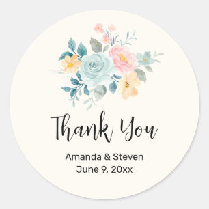 Stylish Pink & Blue Flower Bouquet Thank You Classic Round Sticker