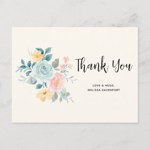 Stylish Pink & Blue Flower Bouquet - Thank You Postcard