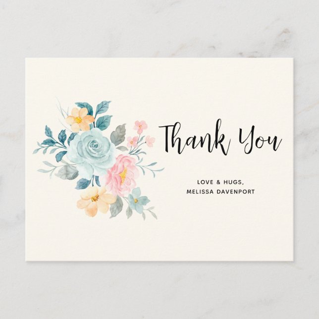 Stylish Pink & Blue Flower Bouquet - Thank You Postcard (Front)