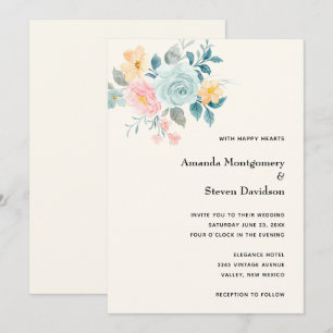 Stylish Pink & Blue Flower Bouquet - Wedding Invitation