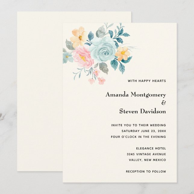 Stylish Pink & Blue Flower Bouquet - Wedding Invitation (Front/Back)