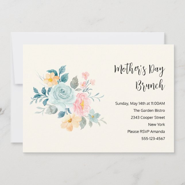 Stylish Pink & Blue Flowers Mother's Day Brunch Invitation (Front)