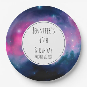 Stylish Pink & Blue Galaxy Stars Abstract Birthday Paper Plate