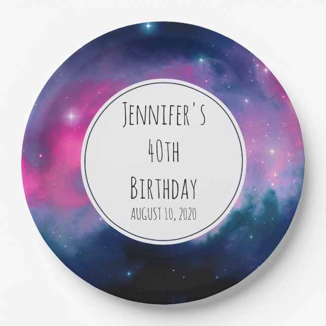 Stylish Pink & Blue Galaxy Stars Abstract Birthday Paper Plate (Front)